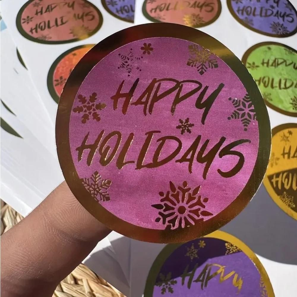Festive Holiday Sticker Set 60 Multicolor 2 Inch Round Happy Holidays Snowflakes